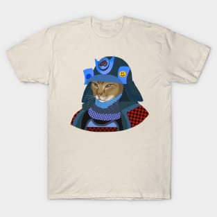 Cat samurai in blue helmet T-Shirt